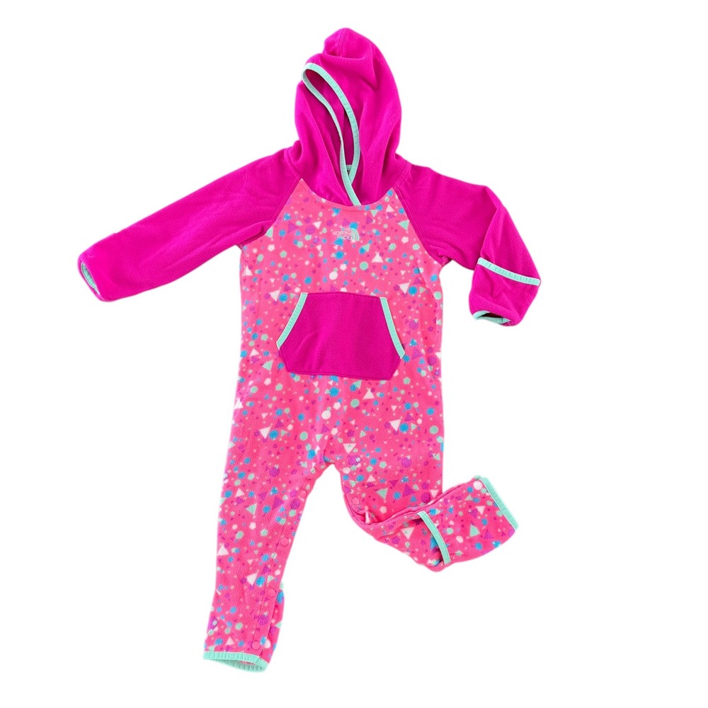 The North Face Infant Fleece Romper 12-18M Pink Geometric Cozy Hooded One Piece